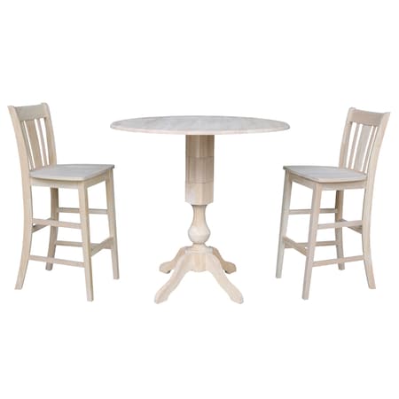 International Concepts Round 42 in Rd Ped Bar Ht Table, 2 Bar Ht Stools, Unfinished, Ready to Finish, 42 in W, 42 in L, Wood K-42DPT-11-S103-2